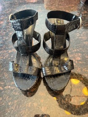 Chinese Laundry Black Snake-Embossed Strappy Heels